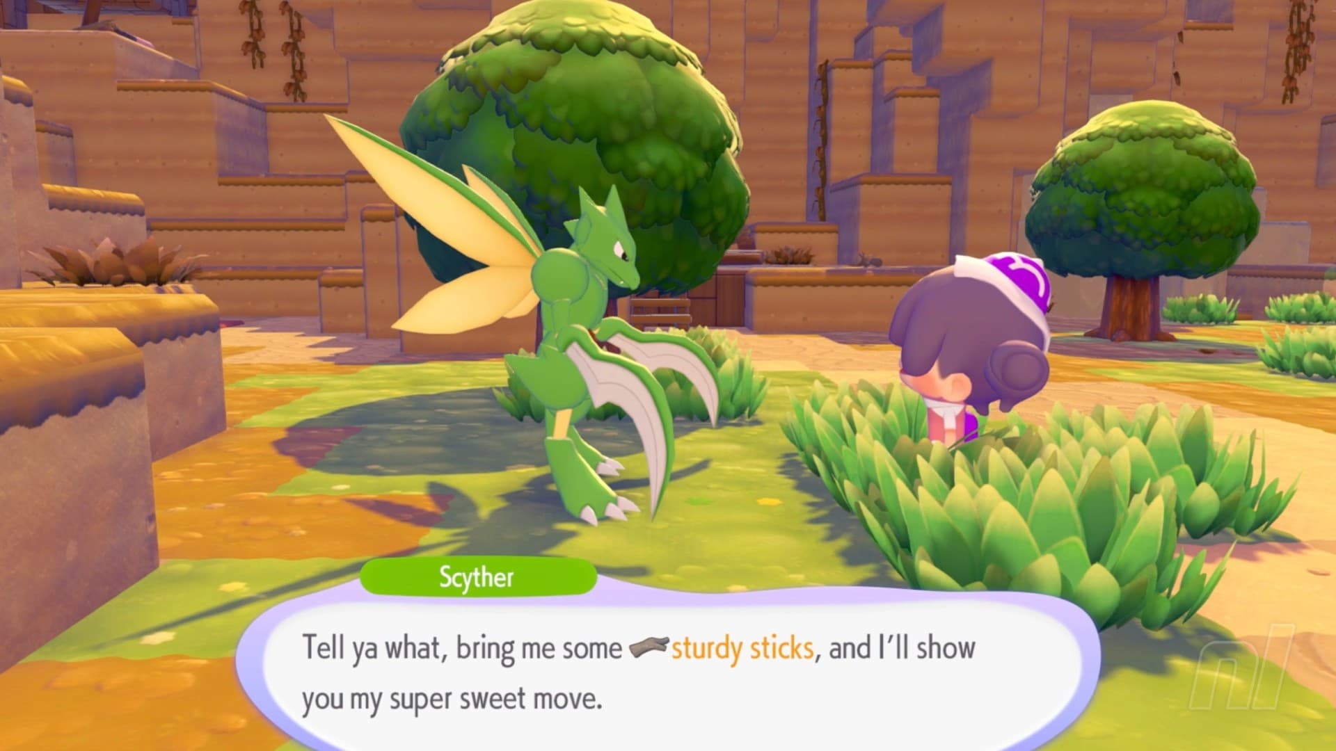 Bringing Sturdy Sticks to Scyther to learn Cut in Pokémon Pokopia