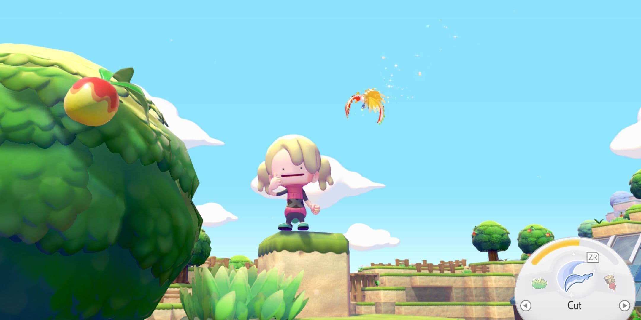 Pokemon Pokopia player and a large flying Pokemon overhead