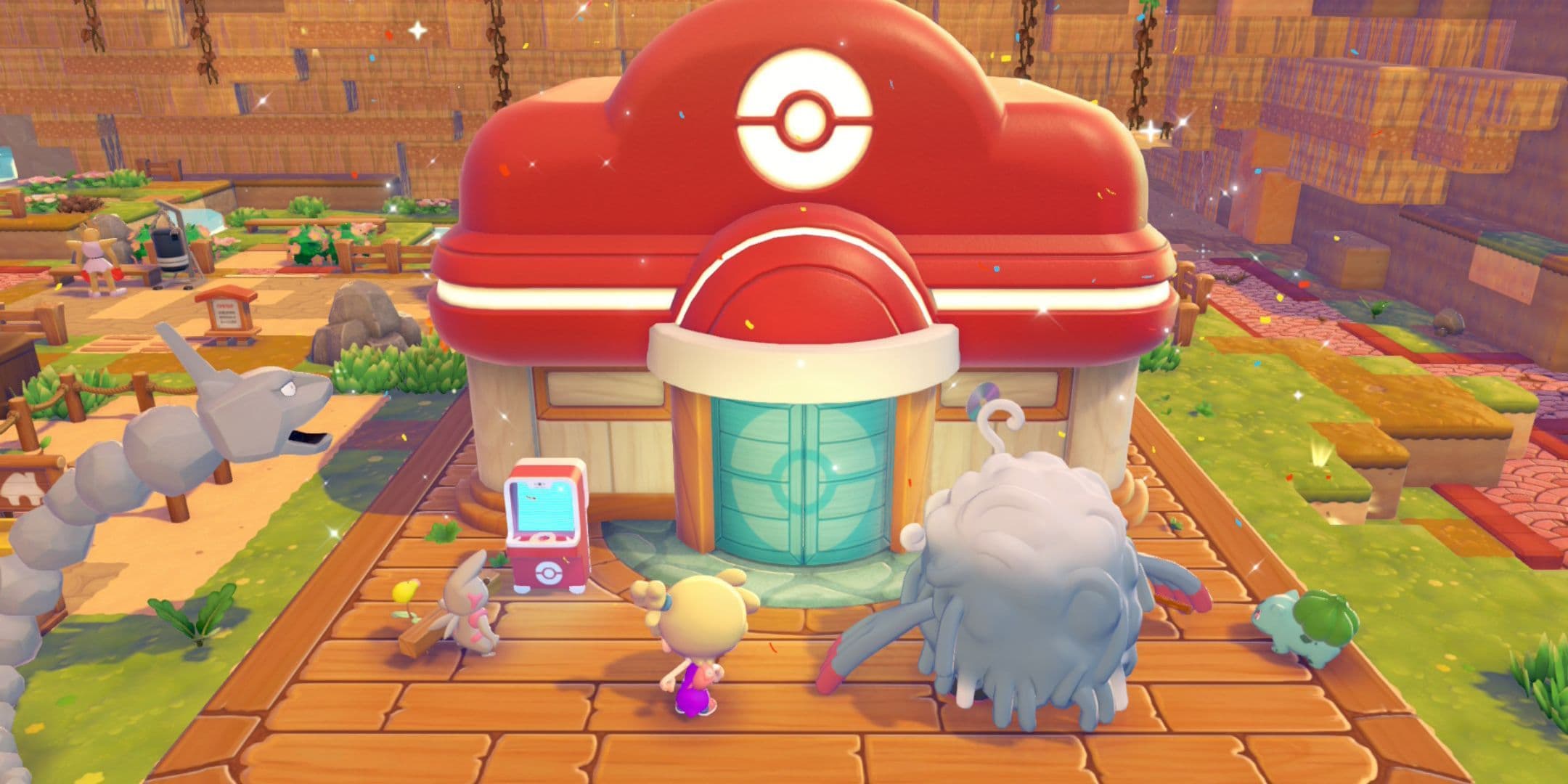 Pokemon Pokopia player and characters in front of a Pokemon Center