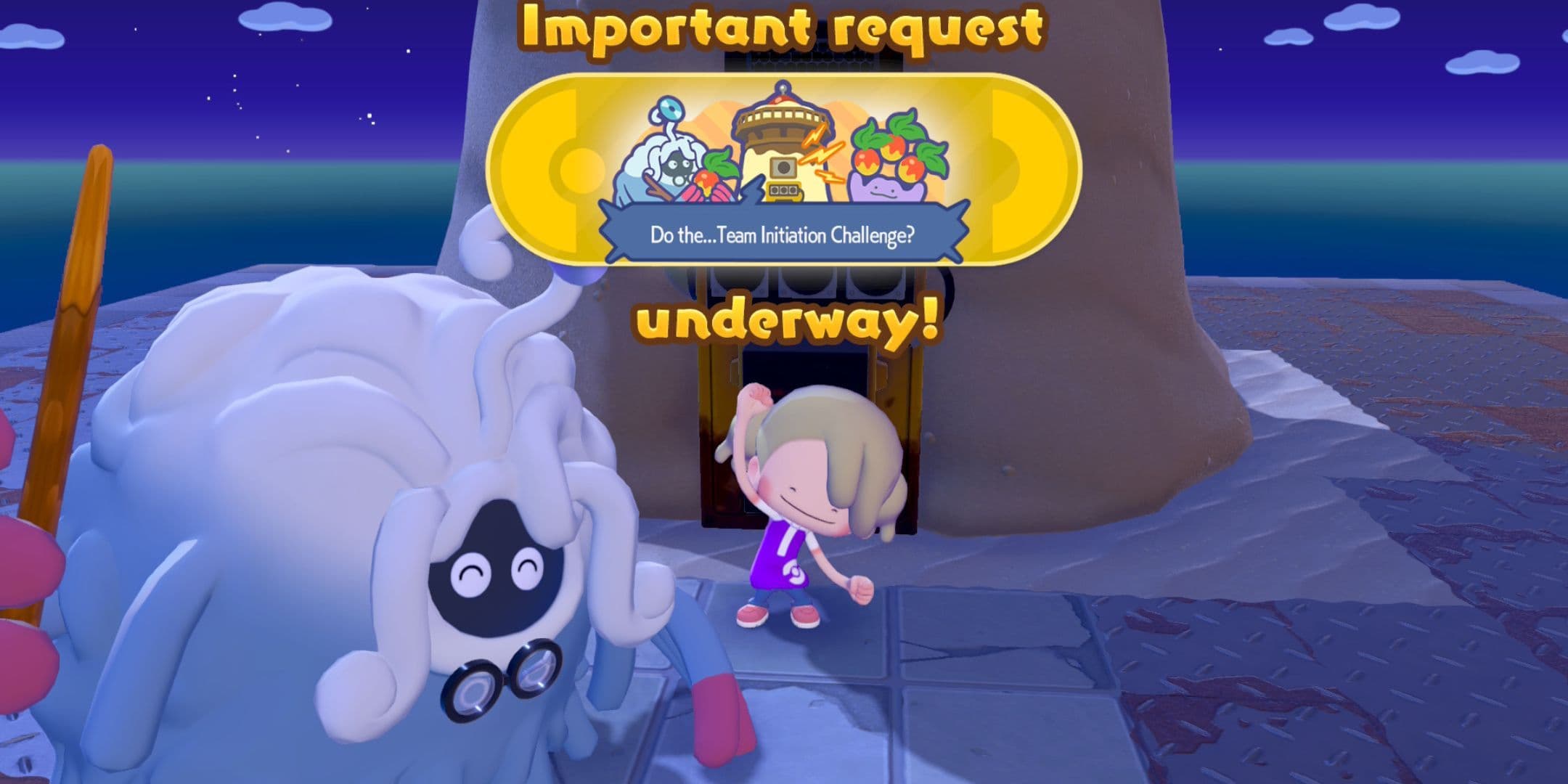 Pokemon Pokopia player and Professor Tangrowth with Important Request Team Initiation Challenge