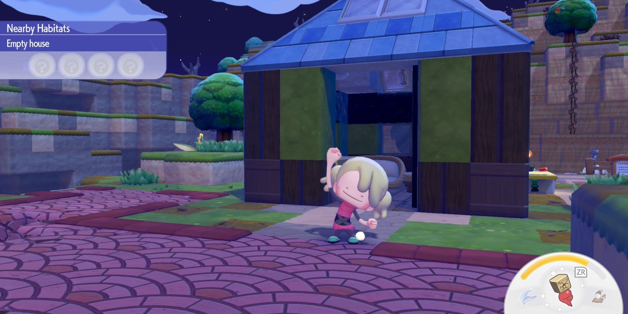 Pokemon Pokopia player cheering in front of a house she built